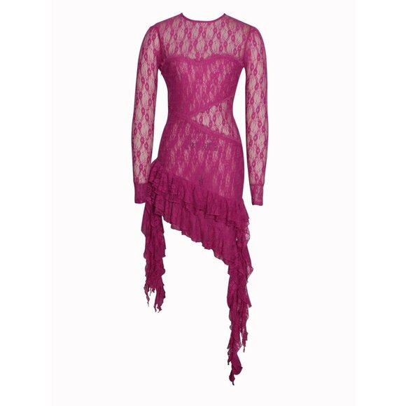 Maira Fuchsia Lace Long Sleeve Ruffle Dress - Picture 4 of 15